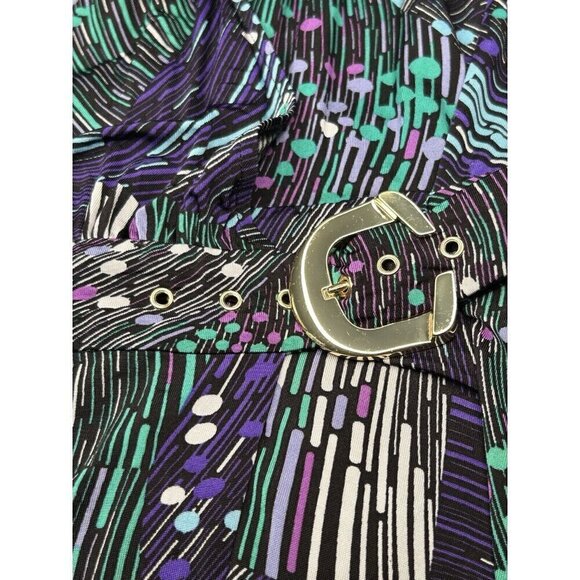 Cache Wrap Dress Medium Gold Buckle Black Geometric Print Stretch Classic Curvy - Picture 6 of 13